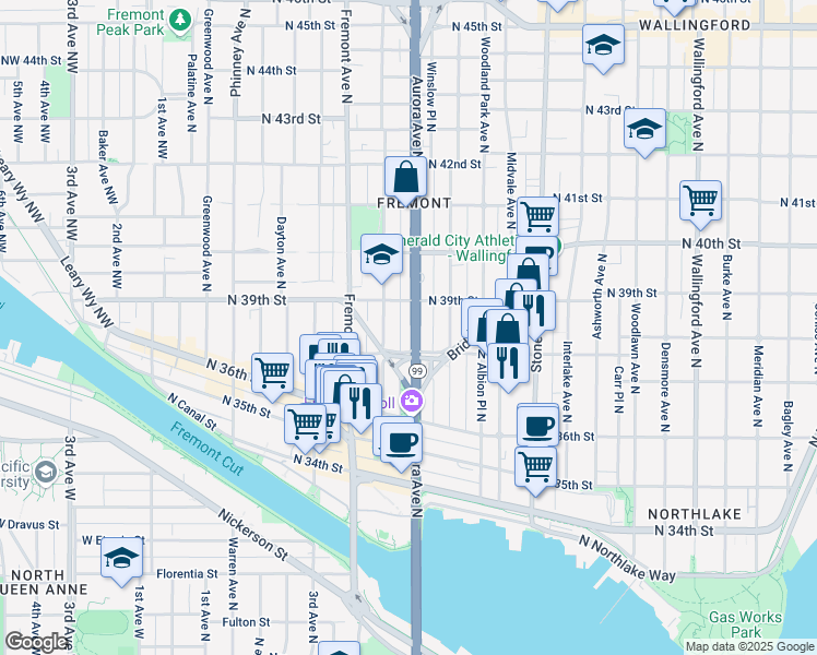 map of restaurants, bars, coffee shops, grocery stores, and more near 3823 Aurora Avenue North in Seattle