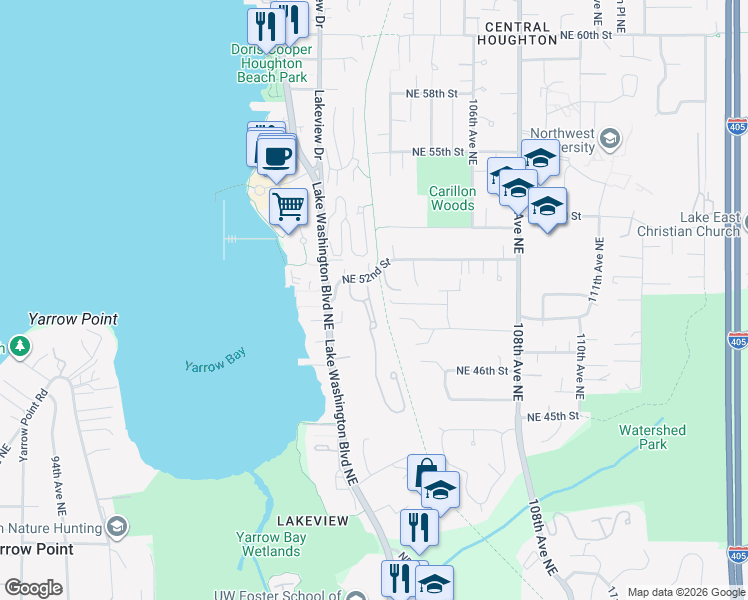 map of restaurants, bars, coffee shops, grocery stores, and more near 5004 102nd Lane Northeast in Kirkland