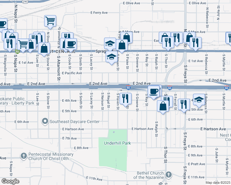 map of restaurants, bars, coffee shops, grocery stores, and more near 308 South Haven Street in Spokane