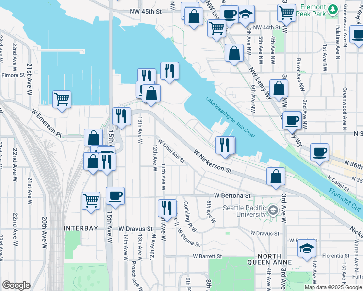 map of restaurants, bars, coffee shops, grocery stores, and more near 965 West Nickerson Street in Seattle