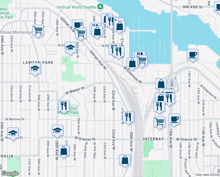 map of restaurants, bars, coffee shops, grocery stores, and more near 3645 22nd Avenue West in Seattle