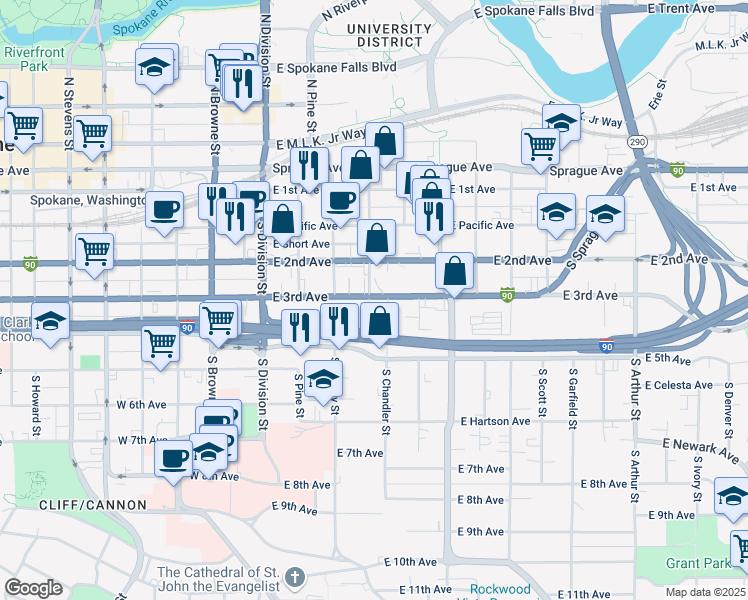 map of restaurants, bars, coffee shops, grocery stores, and more near 302 East 3rd Avenue in Spokane