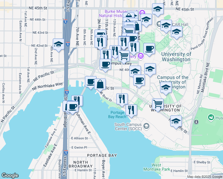 map of restaurants, bars, coffee shops, grocery stores, and more near 1200 Northeast Pacific Street in Seattle