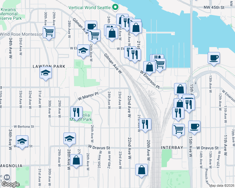 map of restaurants, bars, coffee shops, grocery stores, and more near 3645 23rd Avenue West in Seattle