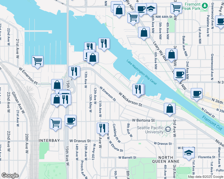 map of restaurants, bars, coffee shops, grocery stores, and more near 965 West Nickerson Street in Seattle