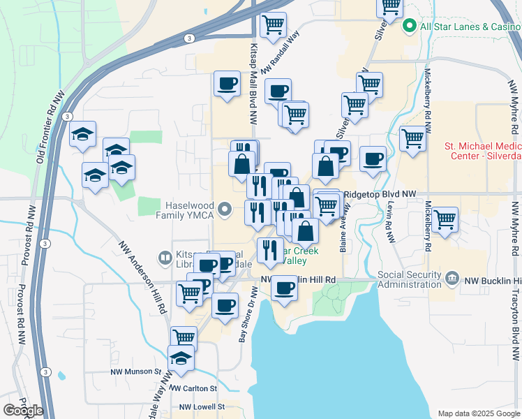 map of restaurants, bars, coffee shops, grocery stores, and more near 9989 Silverdale Way Northwest in Silverdale