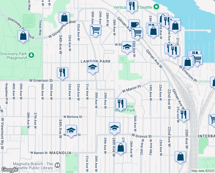 map of restaurants, bars, coffee shops, grocery stores, and more near 3706 29th Avenue West in Seattle
