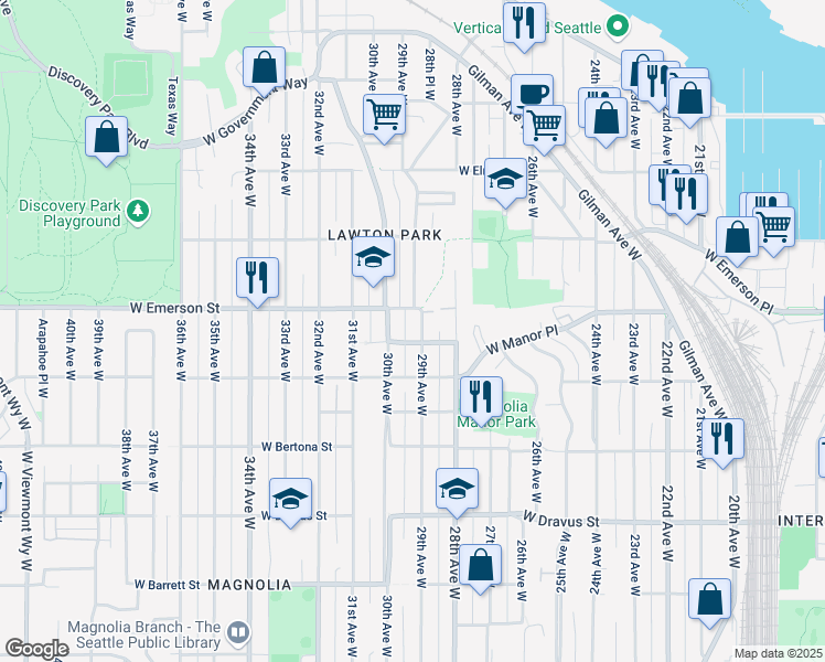 map of restaurants, bars, coffee shops, grocery stores, and more near 3706 29th Avenue West in Seattle
