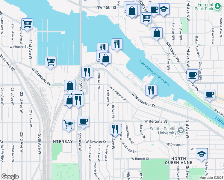 map of restaurants, bars, coffee shops, grocery stores, and more near 1101 West Emerson Street in Seattle