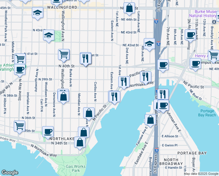 map of restaurants, bars, coffee shops, grocery stores, and more near 3811 Eastern Avenue North in Seattle