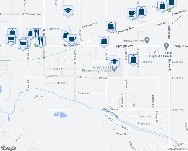 map of restaurants, bars, coffee shops, grocery stores, and more near 323 South Manifold Lane in Spokane Valley