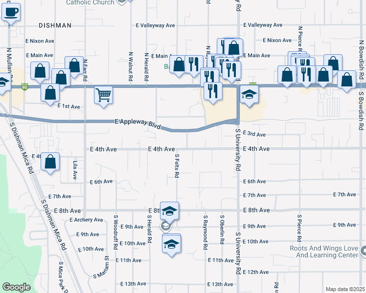 map of restaurants, bars, coffee shops, grocery stores, and more near 329 South Bolivar Road in Spokane Valley