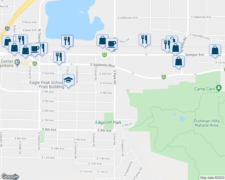 map of restaurants, bars, coffee shops, grocery stores, and more near 7415 East 4th Avenue in Spokane Valley