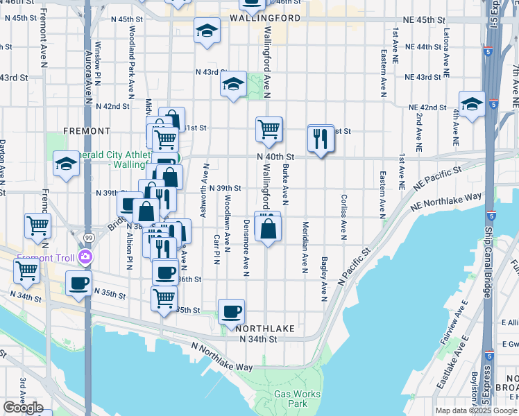 map of restaurants, bars, coffee shops, grocery stores, and more near 3810 Densmore Avenue North in Seattle