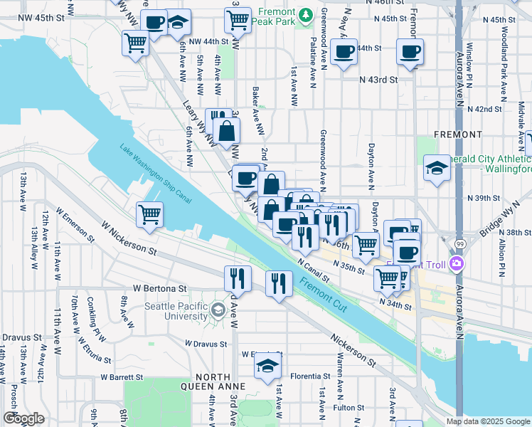 map of restaurants, bars, coffee shops, grocery stores, and more near 3610 Leary Way Northwest in Seattle