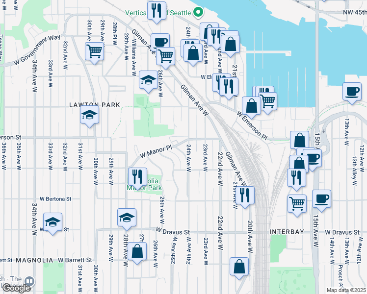 map of restaurants, bars, coffee shops, grocery stores, and more near 3628 24th Place West in Seattle