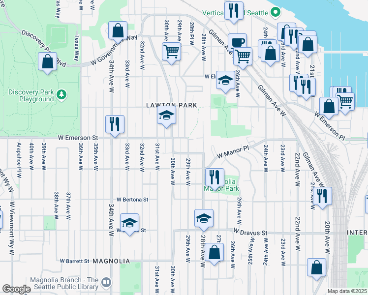 map of restaurants, bars, coffee shops, grocery stores, and more near 3706 29th Avenue West in Seattle