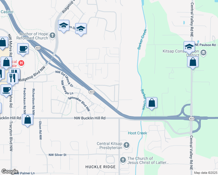 map of restaurants, bars, coffee shops, grocery stores, and more near 942 Mahogany Lane Northwest in Silverdale
