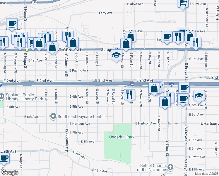 map of restaurants, bars, coffee shops, grocery stores, and more near 2802 East 3rd Avenue in Spokane