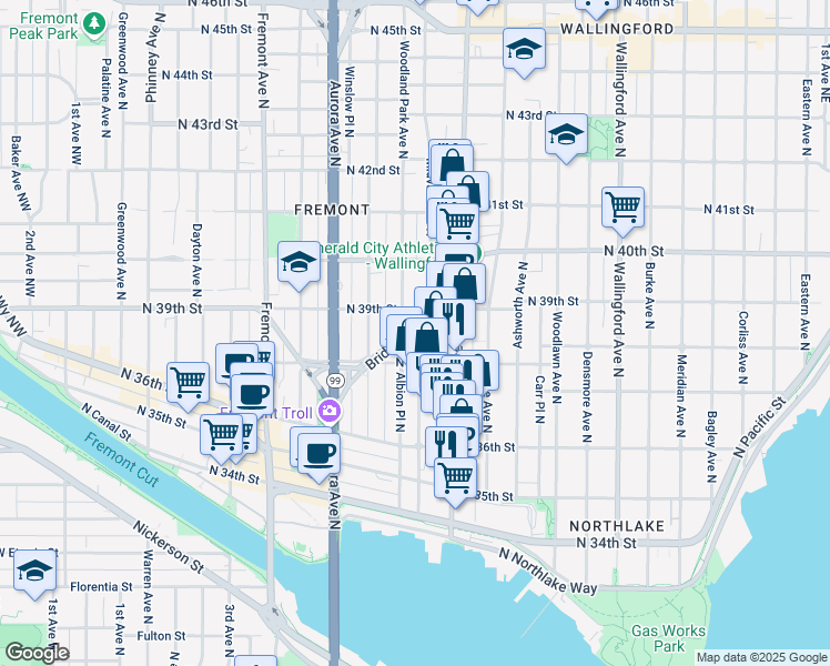 map of restaurants, bars, coffee shops, grocery stores, and more near 3860 Bridge Way North in Seattle