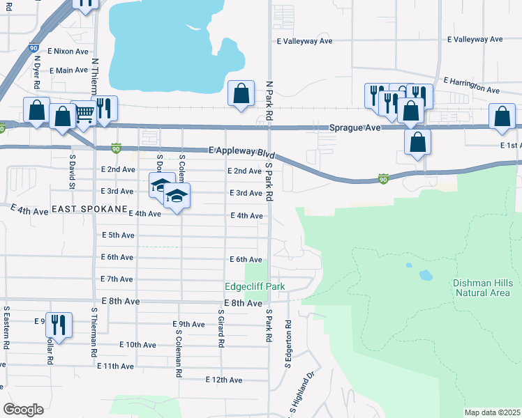 map of restaurants, bars, coffee shops, grocery stores, and more near 7415 East 4th Avenue in Spokane Valley