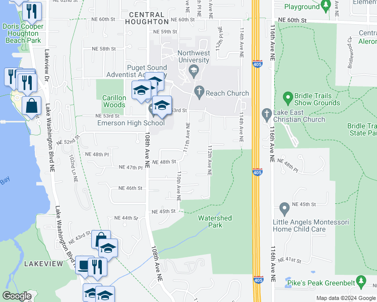 map of restaurants, bars, coffee shops, grocery stores, and more near 4900 111th Avenue Northeast in Kirkland