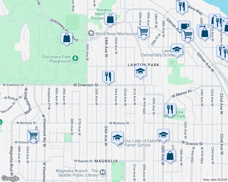 map of restaurants, bars, coffee shops, grocery stores, and more near 3641 33rd Avenue West in Seattle