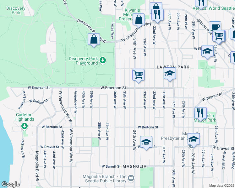 map of restaurants, bars, coffee shops, grocery stores, and more near 3644 36th Avenue West in Seattle