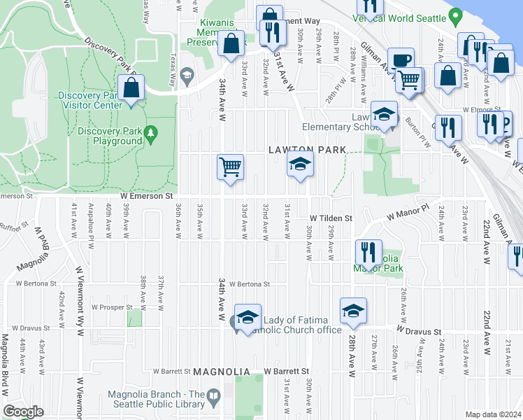map of restaurants, bars, coffee shops, grocery stores, and more near 3641 32nd Avenue West in Seattle