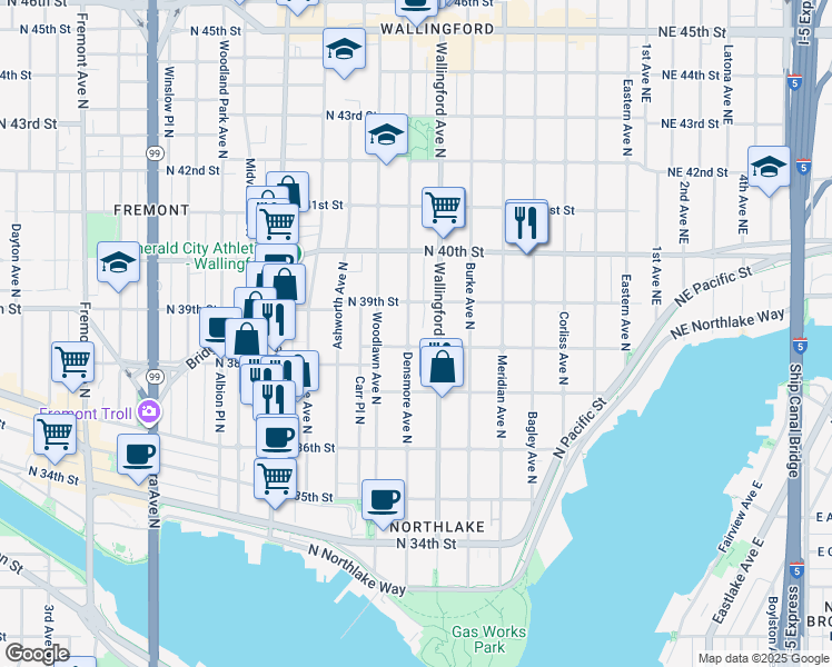map of restaurants, bars, coffee shops, grocery stores, and more near 3810 Densmore Avenue North in Seattle