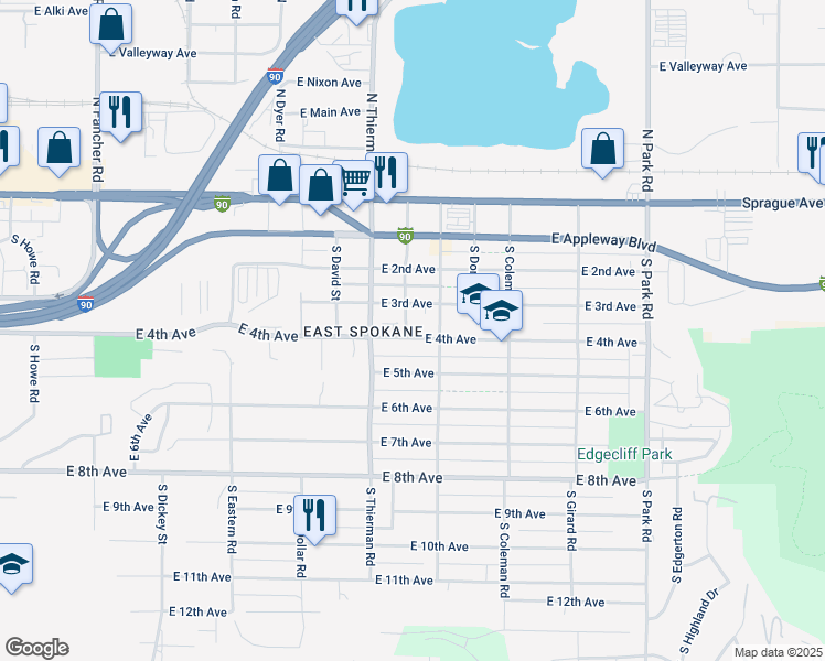 map of restaurants, bars, coffee shops, grocery stores, and more near 6805 East 4th Avenue in Spokane Valley