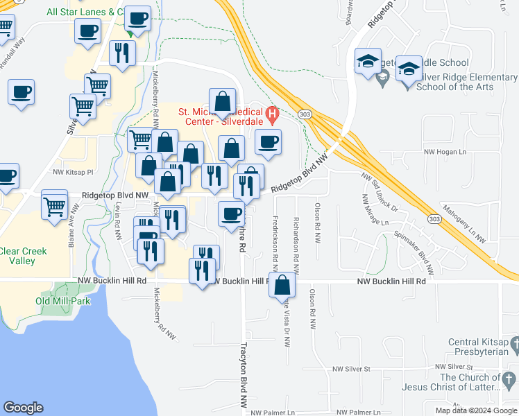 map of restaurants, bars, coffee shops, grocery stores, and more near 9910 Trident Lane Northwest in Silverdale