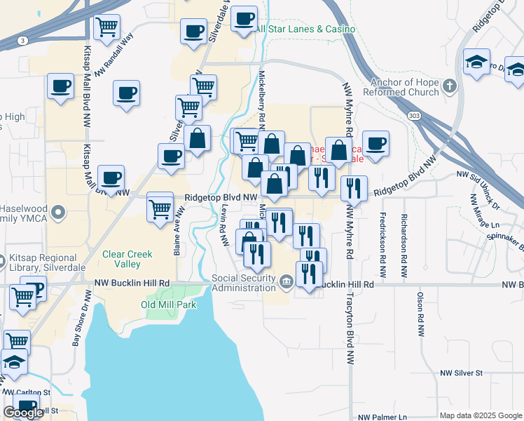 map of restaurants, bars, coffee shops, grocery stores, and more near 9773 Mickelberry Road in Silverdale