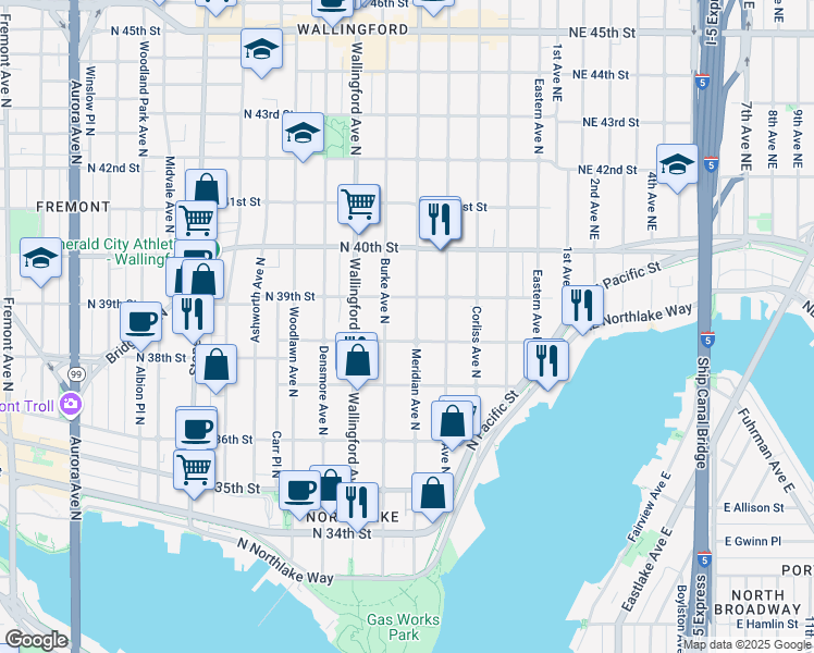 map of restaurants, bars, coffee shops, grocery stores, and more near 3809 Meridian Avenue North in Seattle