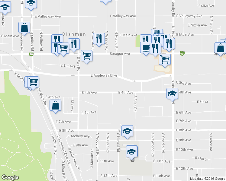 map of restaurants, bars, coffee shops, grocery stores, and more near 10017 East 4th Avenue in Spokane Valley