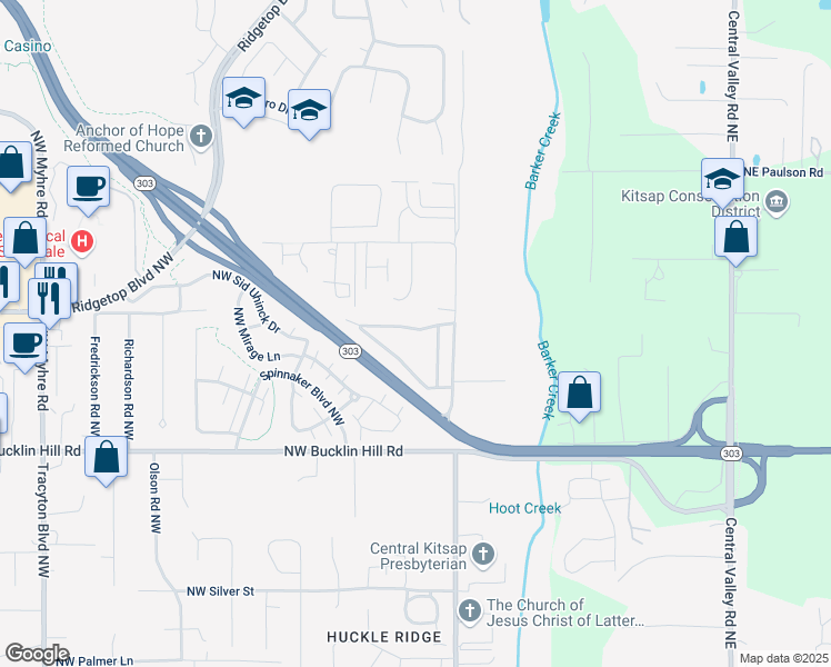 map of restaurants, bars, coffee shops, grocery stores, and more near 942 Mahogany Lane Northwest in Silverdale