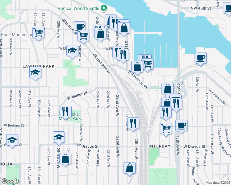 map of restaurants, bars, coffee shops, grocery stores, and more near 3645 22nd Avenue West in Seattle