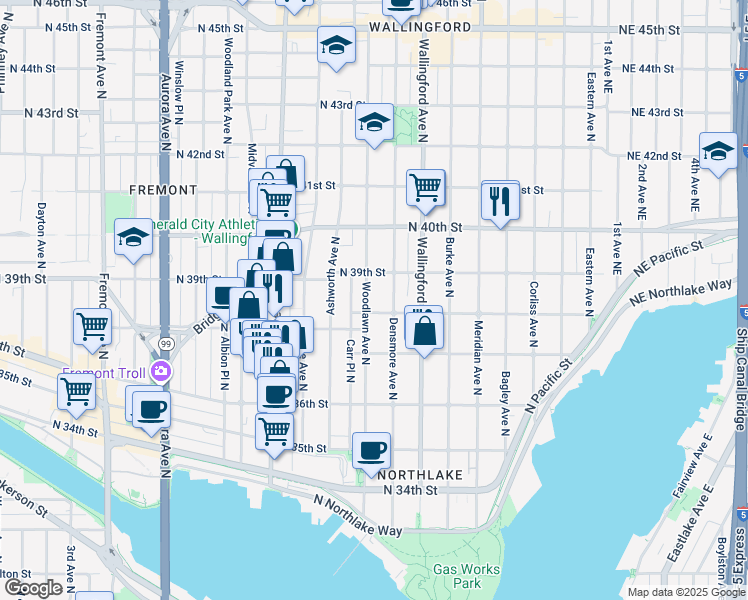 map of restaurants, bars, coffee shops, grocery stores, and more near 3810 Woodlawn Avenue North in Seattle