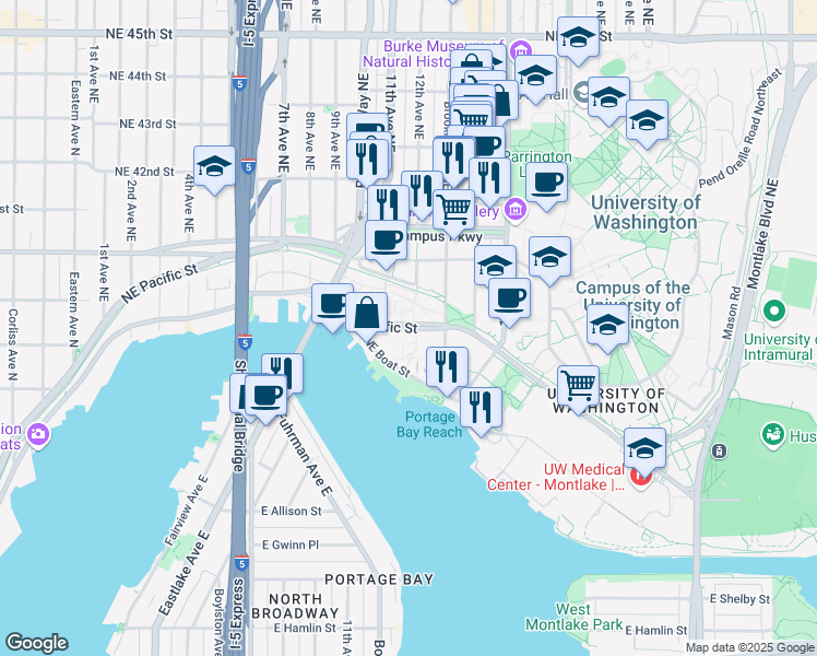 map of restaurants, bars, coffee shops, grocery stores, and more near 1200 Northeast Pacific Street in Seattle