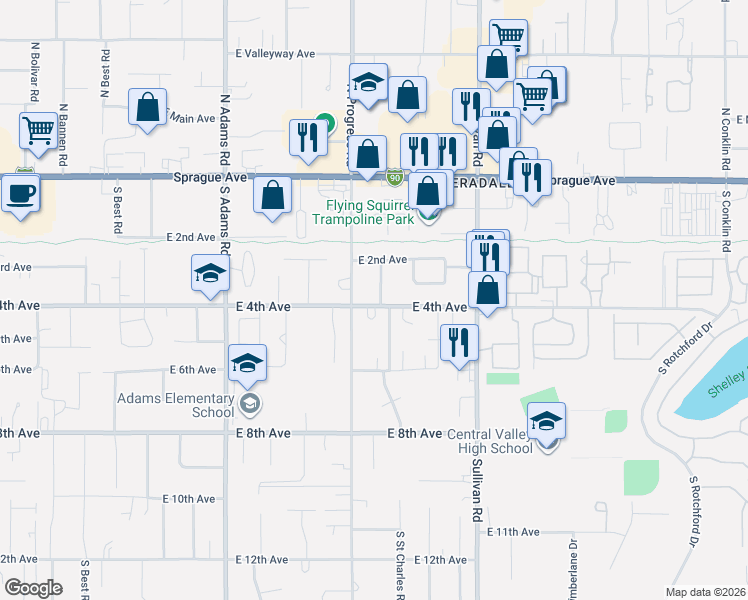 map of restaurants, bars, coffee shops, grocery stores, and more near 15121 East 4th Avenue in Spokane Valley