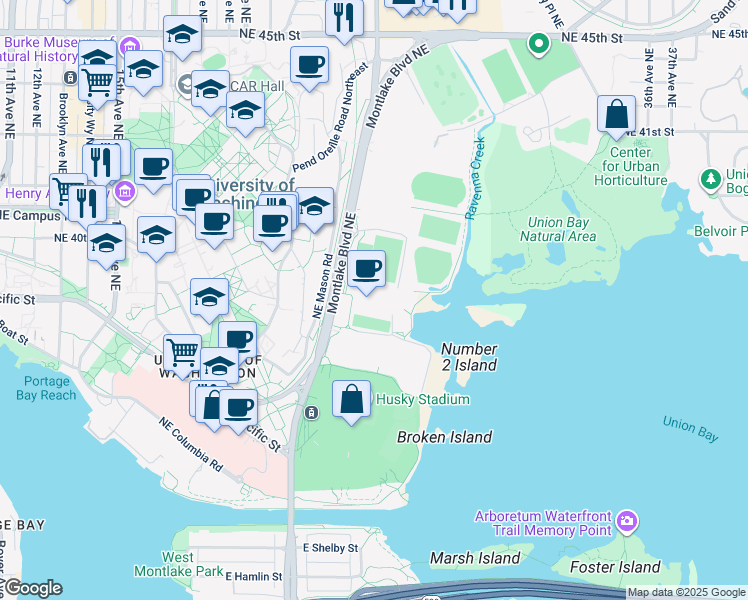 map of restaurants, bars, coffee shops, grocery stores, and more near 3924 Montlake Boulevard Northeast in Seattle
