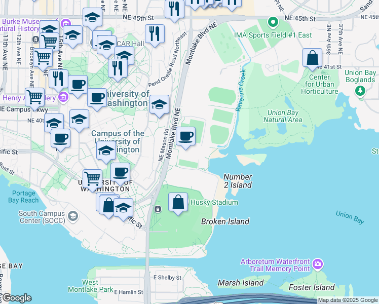 map of restaurants, bars, coffee shops, grocery stores, and more near 3924 Montlake Boulevard Northeast in Seattle