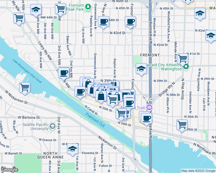map of restaurants, bars, coffee shops, grocery stores, and more near 3651 Francis Avenue North in Seattle