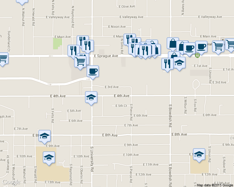 map of restaurants, bars, coffee shops, grocery stores, and more near 10911 East 4th Avenue in Spokane Valley