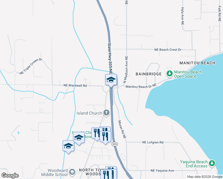 map of restaurants, bars, coffee shops, grocery stores, and more near 8489 North Madison Avenue Northeast in Bainbridge Island