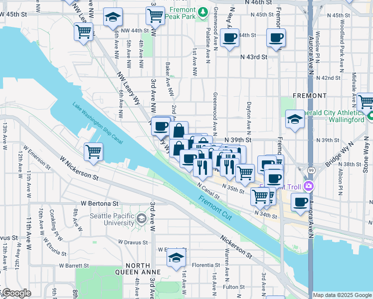 map of restaurants, bars, coffee shops, grocery stores, and more near 3617 1st Avenue Northwest in Seattle