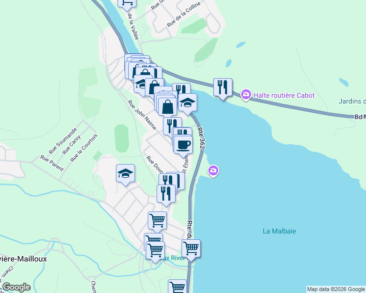 map of restaurants, bars, coffee shops, grocery stores, and more near 388 Rue Saint Étienne in La Malbaie