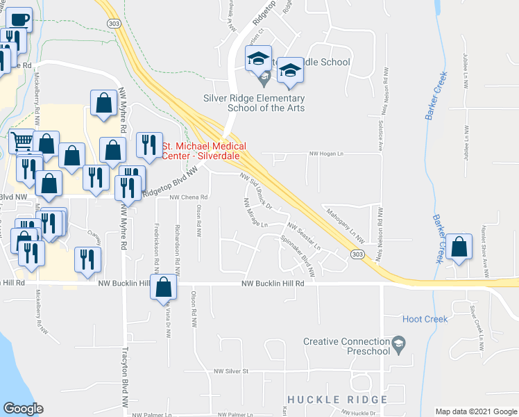 map of restaurants, bars, coffee shops, grocery stores, and more near 1315 Northwest Mirage Lane in Silverdale