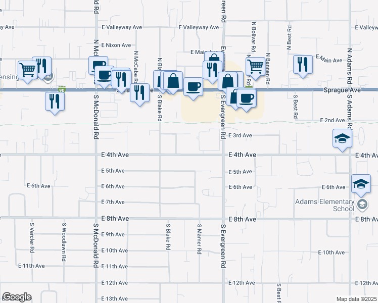 map of restaurants, bars, coffee shops, grocery stores, and more near 13617 East 4th Avenue in Spokane Valley