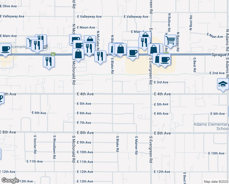 map of restaurants, bars, coffee shops, grocery stores, and more near 13505 East 4th Avenue in Spokane Valley